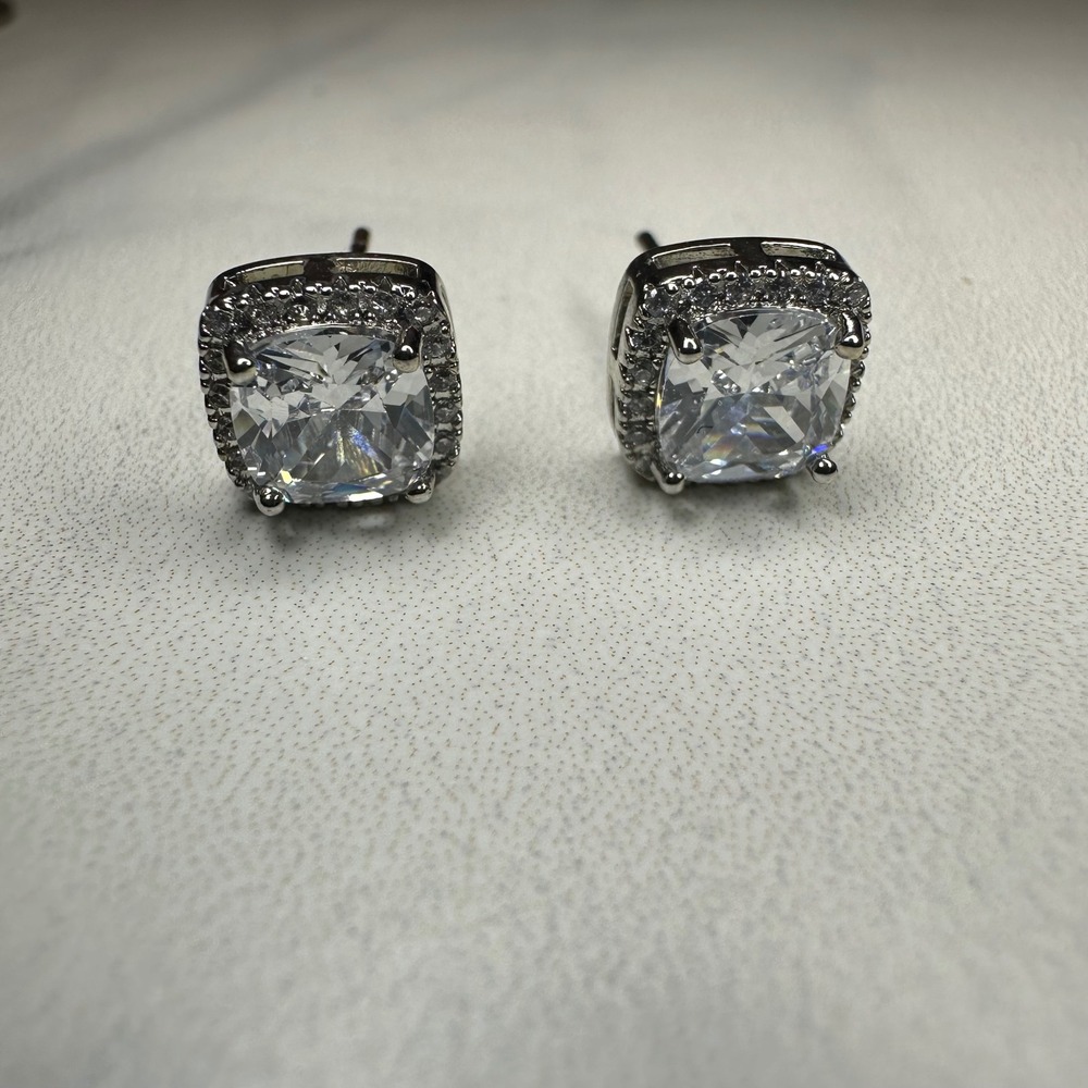 Sparkling Cushion Cut Halo Stud Earrings Sterling Silver Cubic Zirconia 925